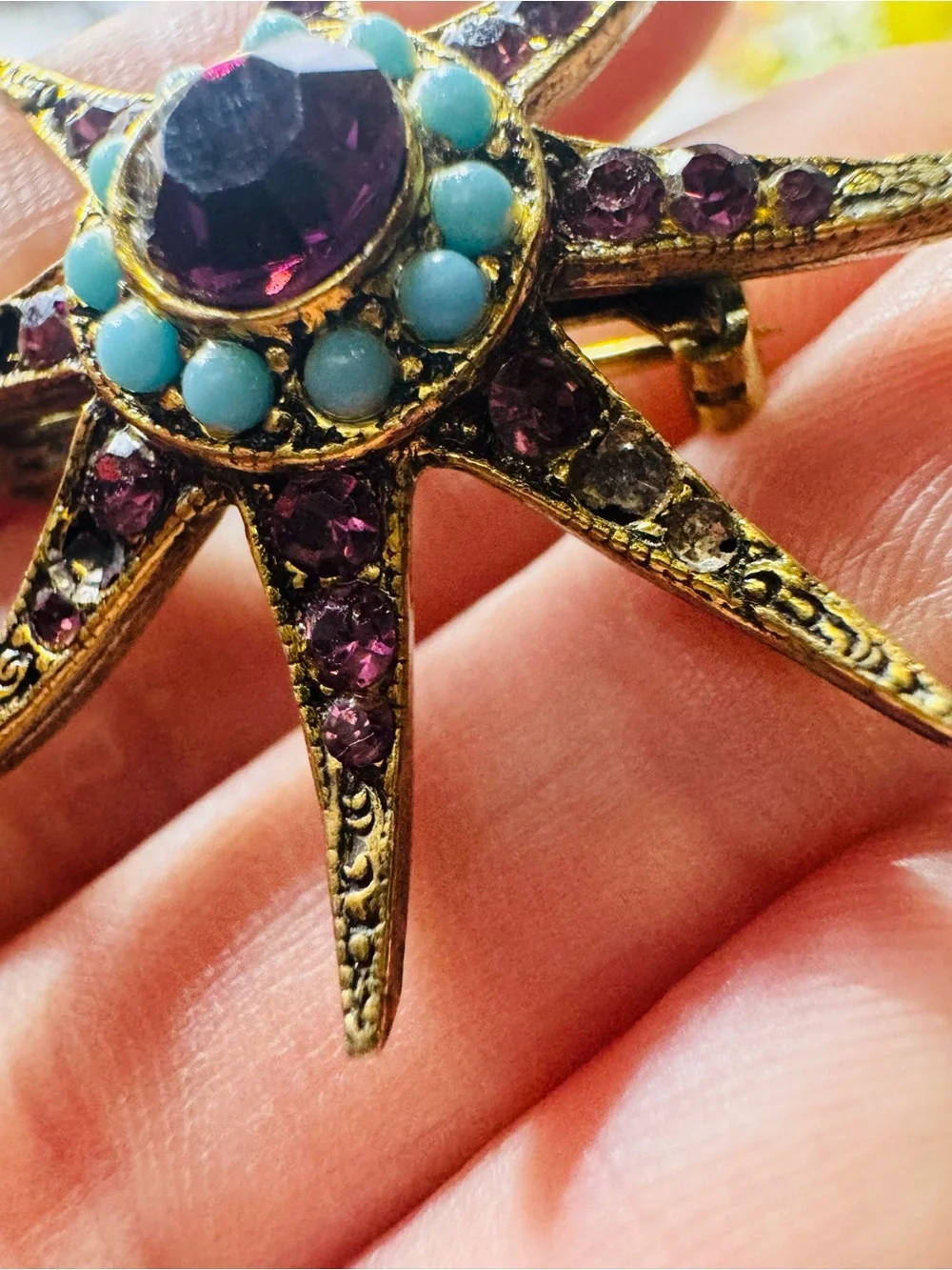 Amethyst & Turqiouse Vintage Starburst Brooch Pin